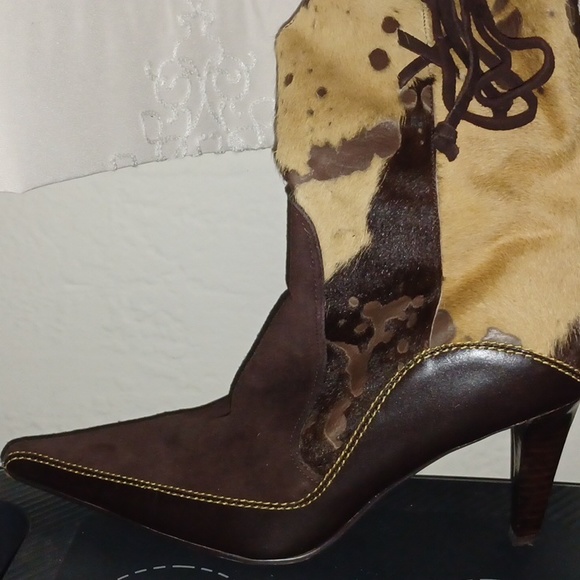 Women's mid calf boots, brown multi, suede, leather and cowhide - Picture 2 of 11